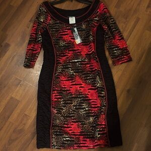 Simon Chang Red and Black Long Sleeve Dress